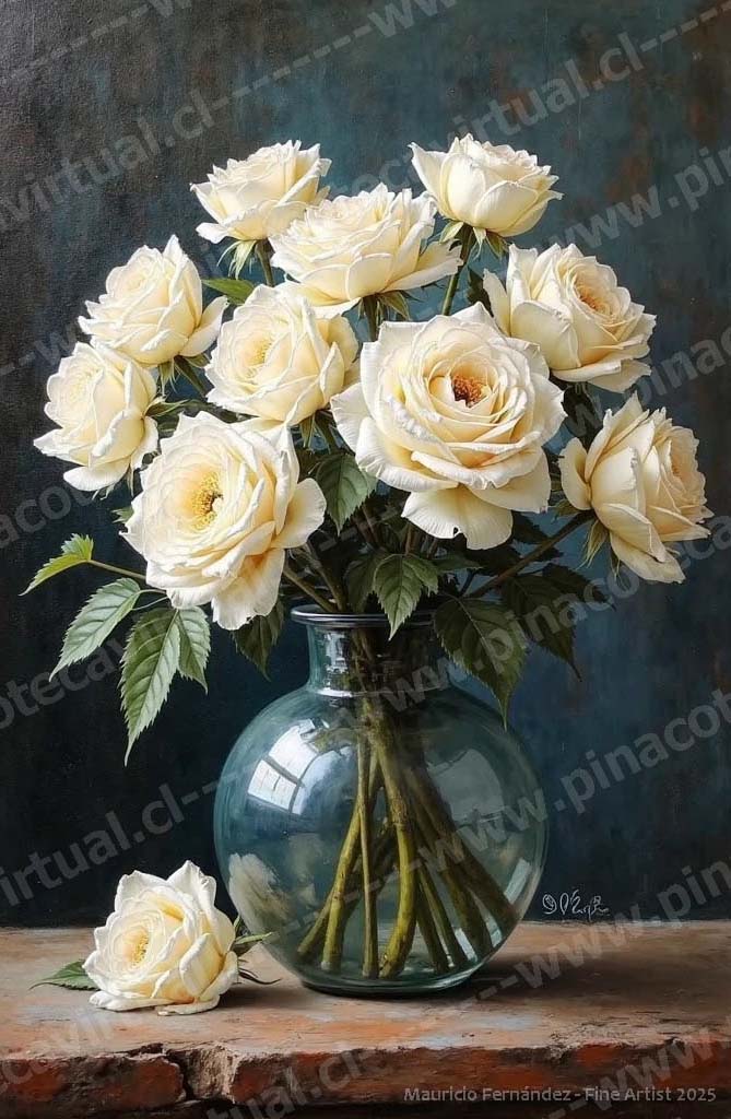 75.- Rosas blancas en jarrón de vidrio