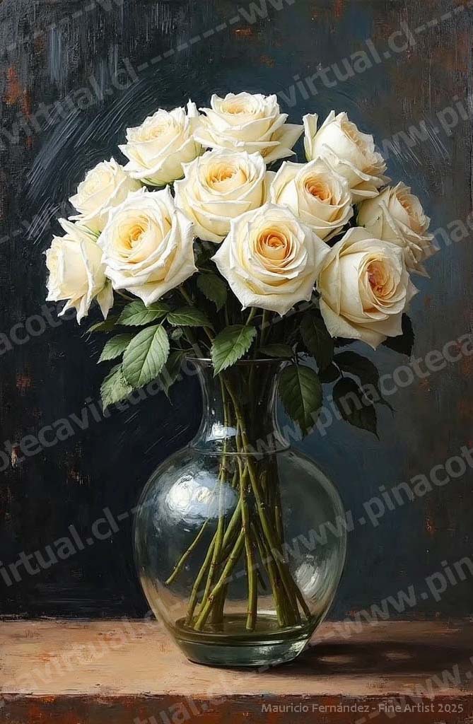 76.- Rosas blancas en jarrón de vidrio