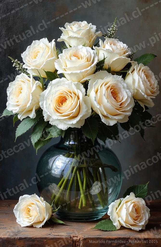 77.- Florero de vidrio con rosas