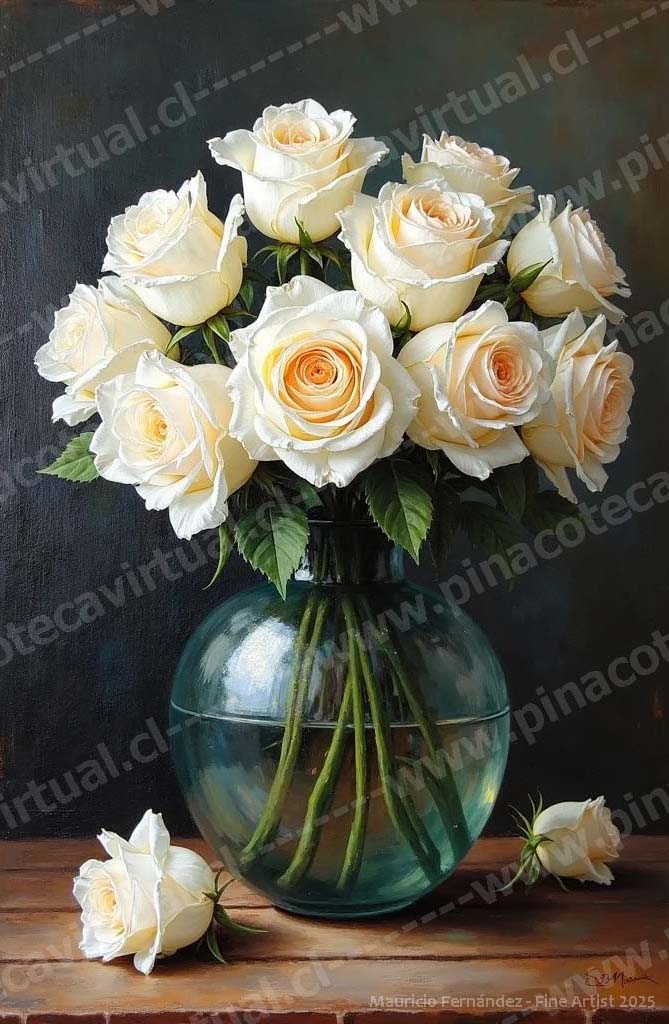 78.- Rosas blancas en jarrón de vidrio