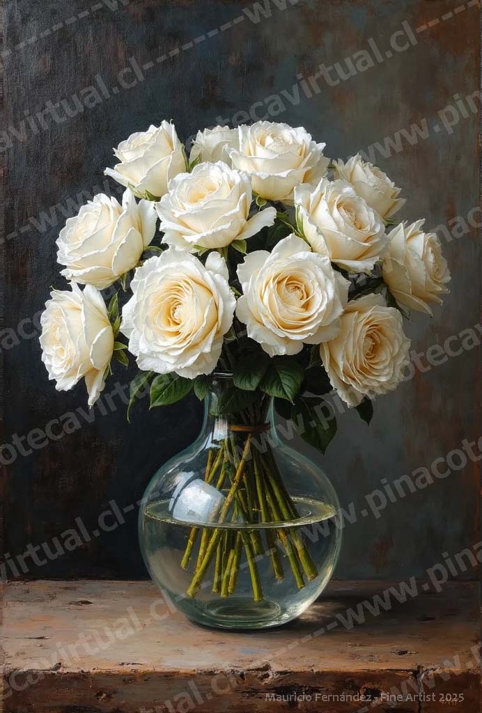 80.- Rosas blancas en jarrón de vidrio