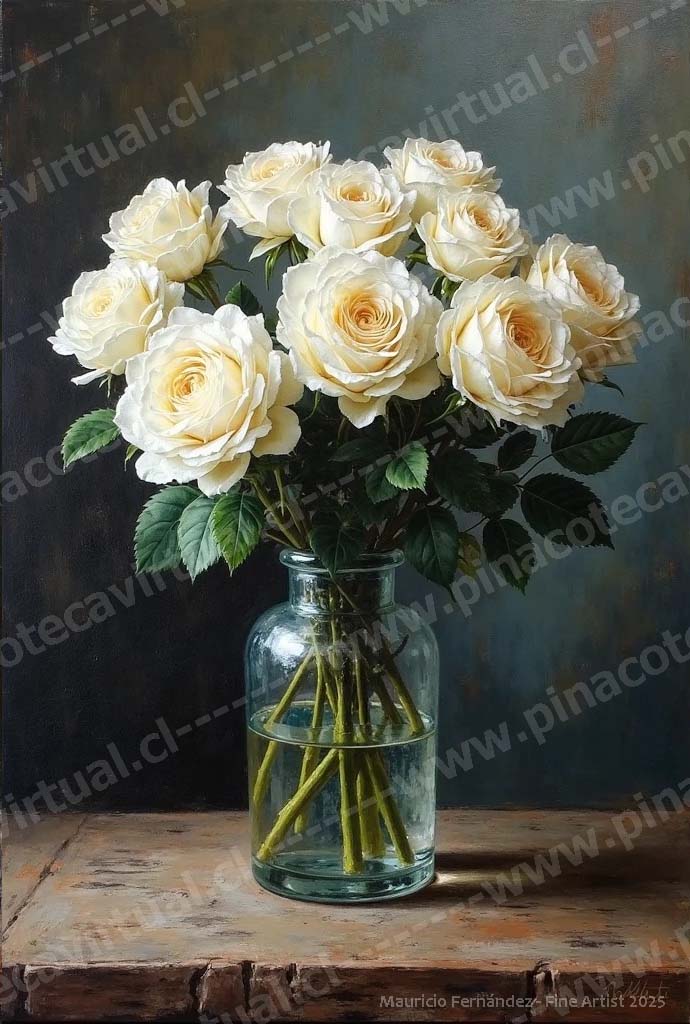 84.- Rosas blancas en jarrón de vidrio