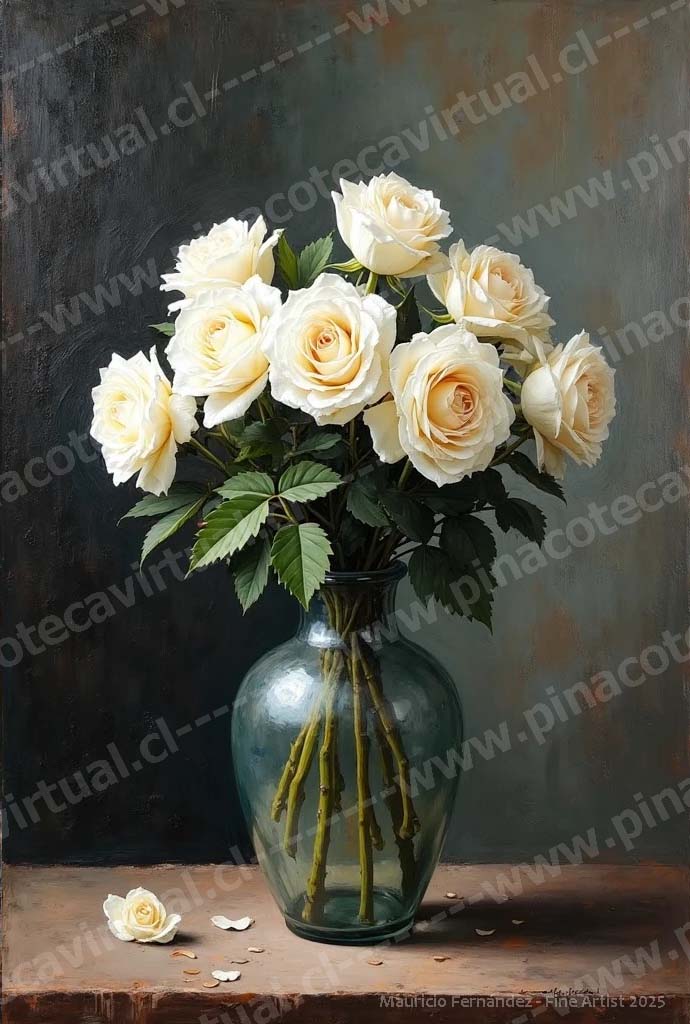 85.- Rosas blancas en jarrón de vidrio