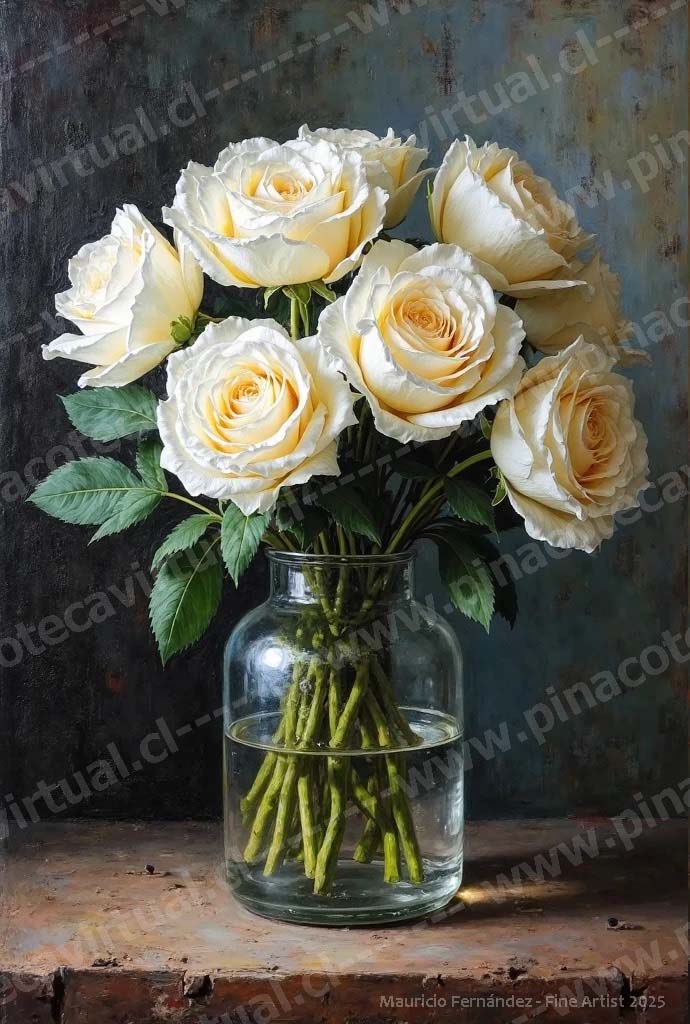 87.- Rosas blancas en jarrón de vidrio