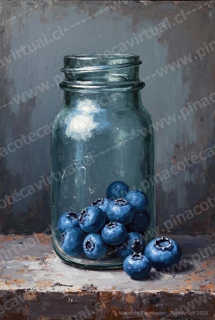 91.- Frasco de vidrio y arándanos